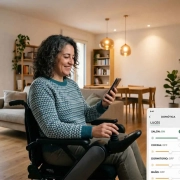 Persona con discapacidad en silla de ruedas eléctrica utiliza una aplicación móvil de domótica para controlar las luces en un piso amplio tras una reforma integral adaptada y sin barreras arquitectónicas bajo el Plan Adapta 2026 en Madrid.