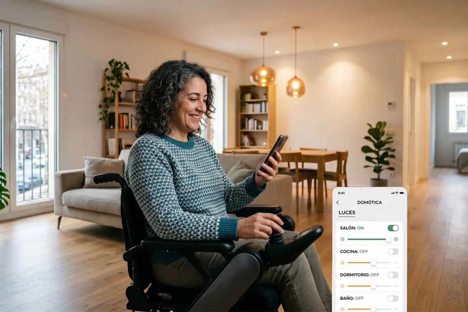 Persona con discapacidad en silla de ruedas eléctrica utiliza una aplicación móvil de domótica para controlar las luces en un piso amplio tras una reforma integral adaptada y sin barreras arquitectónicas bajo el Plan Adapta 2026 en Madrid.