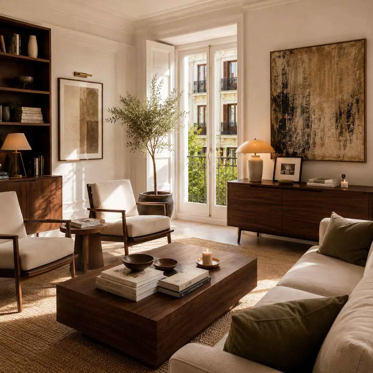 Luminoso salón de una vivienda en Madrid decorado con muebles de nogal, tonos tierra y cojines verde oliva que reflejan la paleta emocional tras el fin del minimalismo.
