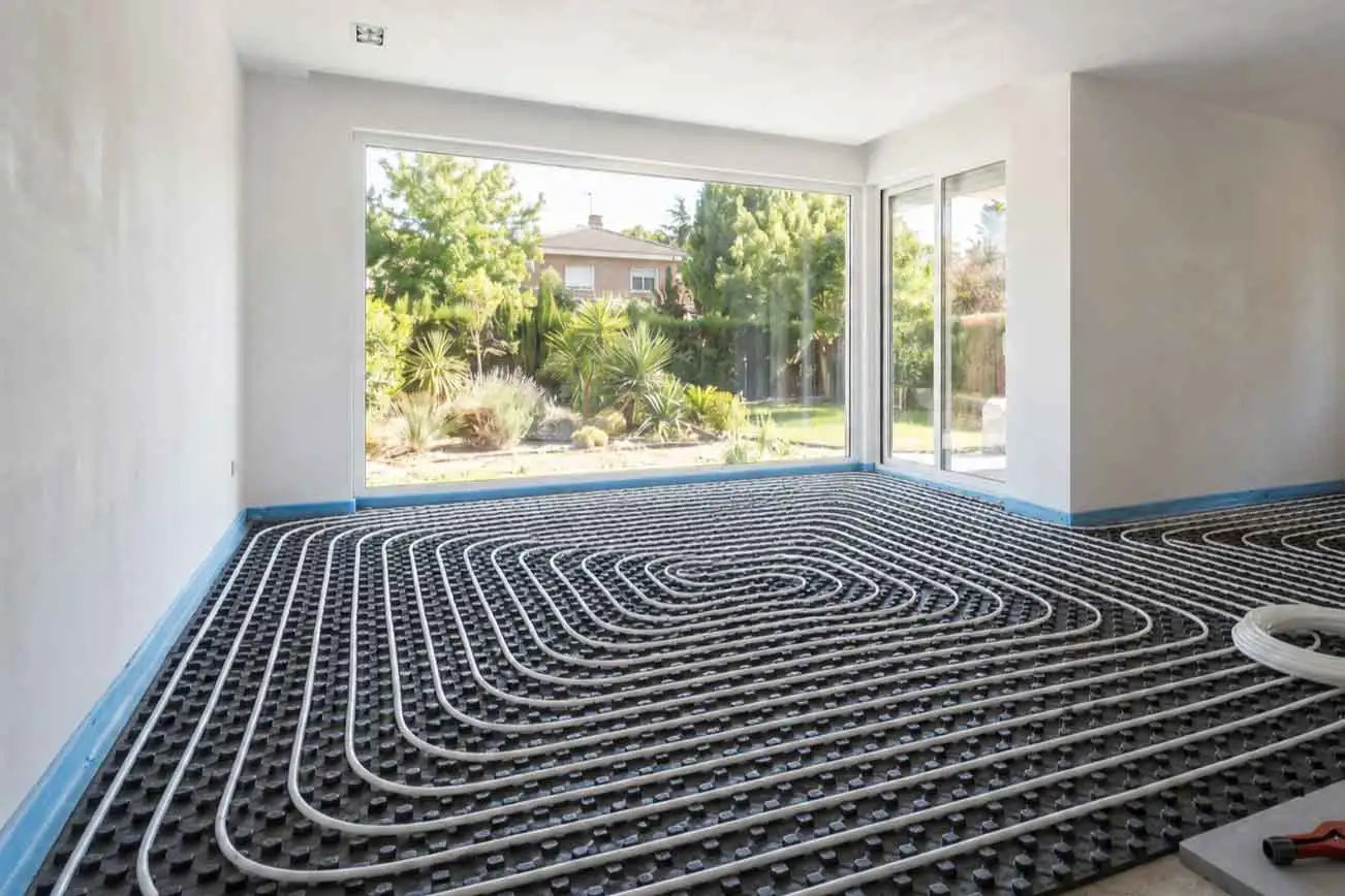 Instalación de suelo radiante en una vivienda unifamiliar durante una reforma integral en Madrid. Se aprecia la colocación de los tubos sobre una base aislante negra para un sistema de calefacción de alta eficiencia energética, preparado para funcionar con una instalación de aerotermia. La estancia cuenta con grandes ventanales que aportan abundante luz natural y vistas al jardín exterior. Esta actuación puede formar parte de proyectos de rehabilitación energética susceptibles de acogerse a una subvención dentro del Plan Rehabilita 2026 de Madrid, mejorando el confort térmico y reduciendo el consumo energético de la vivienda. 