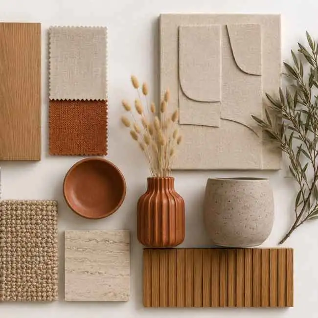 Composición de materiales y colores inspirada en la paleta emocional que marca el fin del minimalismo, con madera natural, tejidos, cerámica y tonos tierra para interiores cálidos.