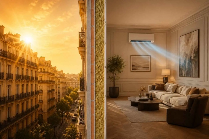 aislar-casa-termicamente-trasdosado Imagen comparativa que muestra cómo aislar térmicamente vivienda con trasdosado, con una fachada exterior expuesta al calor solar, una sección de pared con aislamiento insuflado y un salón interior climatizado con aire acondicionado.