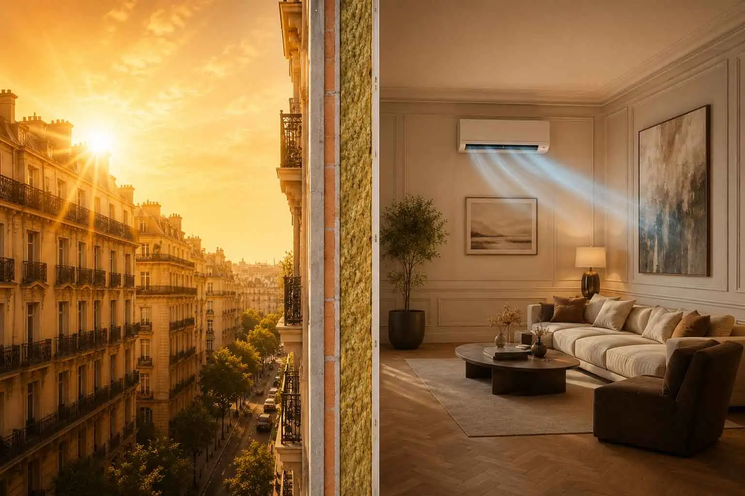 Imagen comparativa que muestra cómo aislar térmicamente vivienda con trasdosado, con una fachada exterior expuesta al calor solar, una sección de pared con aislamiento insuflado y un salón interior climatizado con aire acondicionado.