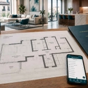 Plano técnico de una vivienda en Madrid sobre una mesa de madera con herramientas de medición, representando la gestión legal y administrativa de licencias y declaraciones responsables urbanísticas.