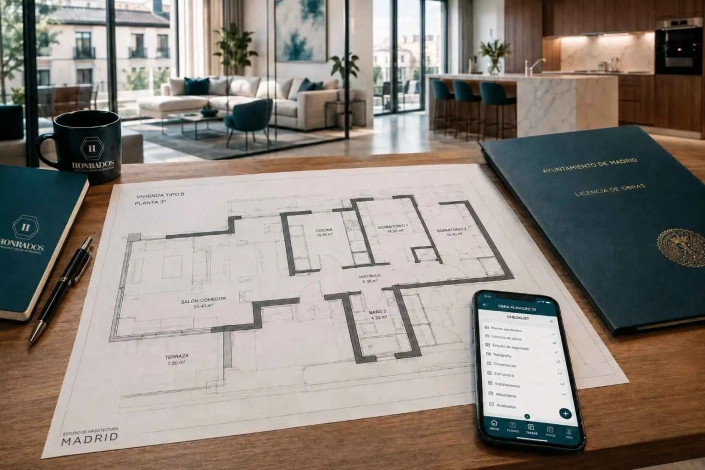 Plano técnico de una vivienda en Madrid sobre una mesa de madera con herramientas de medición, representando la gestión legal y administrativa de licencias y declaraciones responsables urbanísticas.