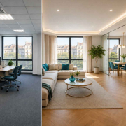 Oficina en Madrid convertida en vivienda cumpliendo los requisitos necesarios para el cambio de uso, comparativa del espacio antes y después de la reforma integral.