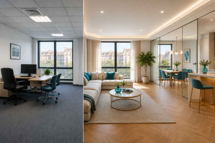 Oficina en Madrid convertida en vivienda cumpliendo los requisitos necesarios para el cambio de uso, comparativa del espacio antes y después de la reforma integral.