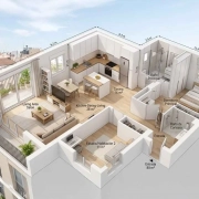 Plano de arquitectura en 3D que muestra una de las 5 posibles distribuciones para pisos de 90 metros en Madrid con cocina abierta e isla.