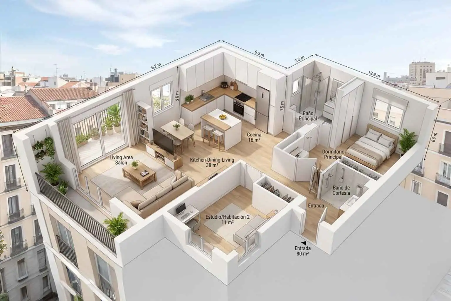 plano distribución | 5 distribuciones para pisos de 90 m² Plano de arquitectura en 3D que muestra una de las 5 posibles distribuciones para pisos de 90 metros en Madrid con cocina abierta e isla.