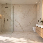 bano-madrid-porcelanico-gran-tamanio Baño con porcelánico de gran tamaño efecto mármol en paredes y suelo, ilustración del artículo sobre sus ventajas e inconvenientes.