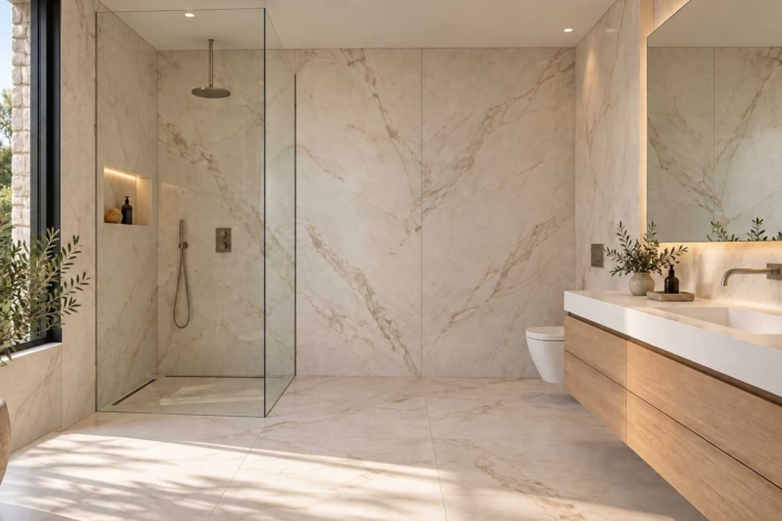Baño con porcelánico de gran tamaño efecto mármol en paredes y suelo, ilustración del artículo sobre sus ventajas e inconvenientes.