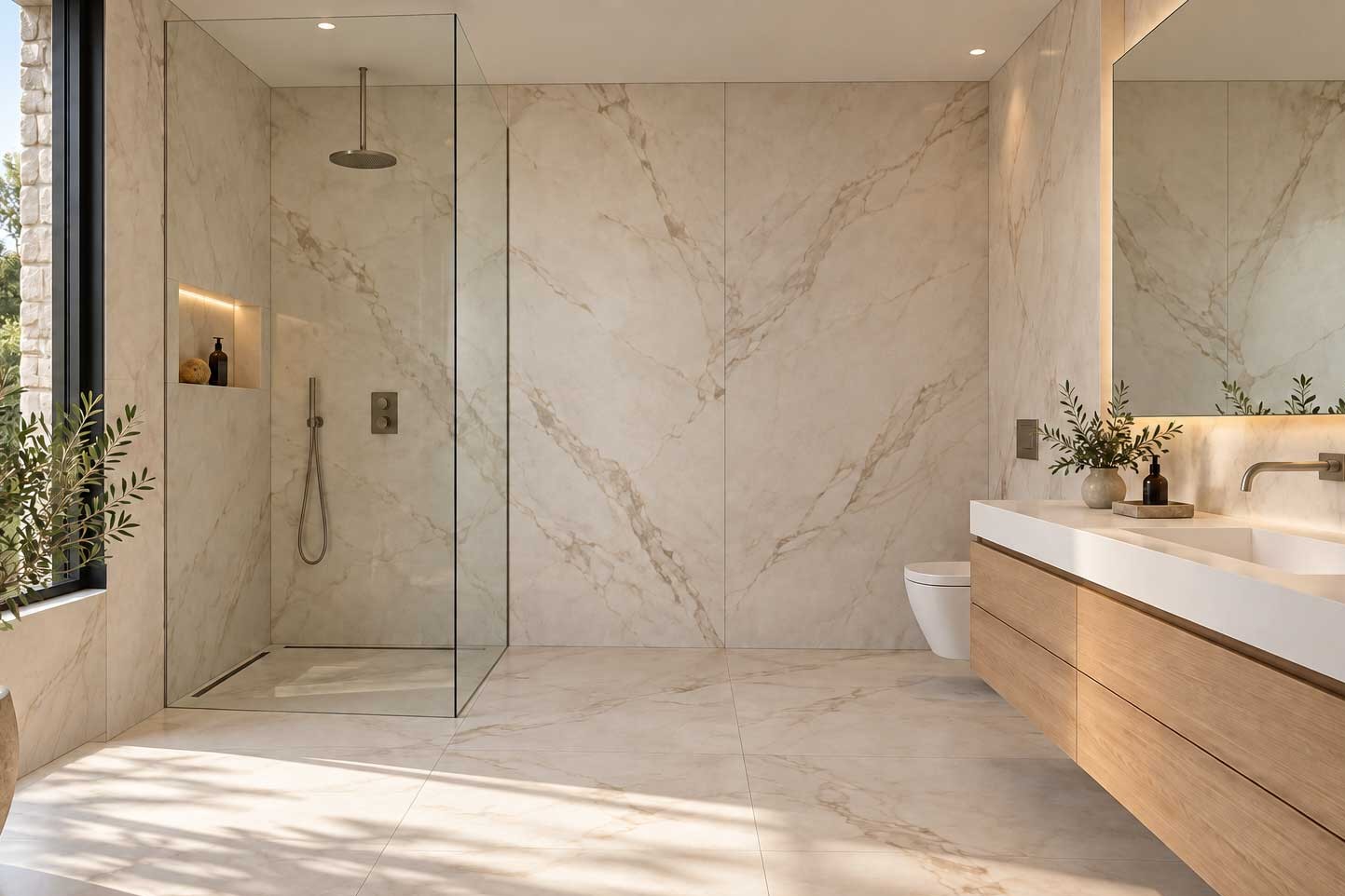 Porcelánico de gran formato: ventajas e inconvenientes en reformas Baño con porcelánico de gran tamaño efecto mármol en paredes y suelo, ilustración del artículo sobre sus ventajas e inconvenientes.