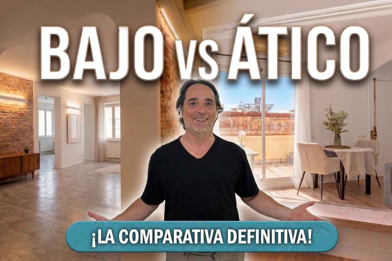 Comparativa de reforma integral de piso bajo frente a ático en Madrid, destacando iluminación, humedades y terraza