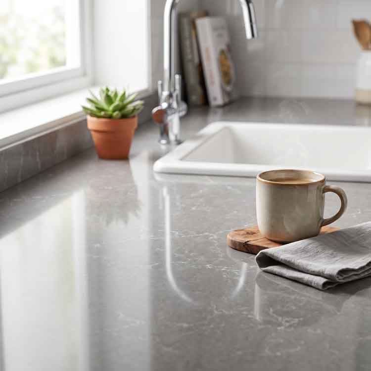 Encimera compacta de cuarzo tipo Silestone en una cocina moderna, ideal para comparar entre encimeras de cuarzo versus encimeras de piedra sinterizada, tendencia en 2026.
