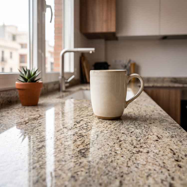 Primer plano de encimera de granito natural pulido Bianco Antico con taza de café, instalada en una reforma de cocina en Madrid capital.