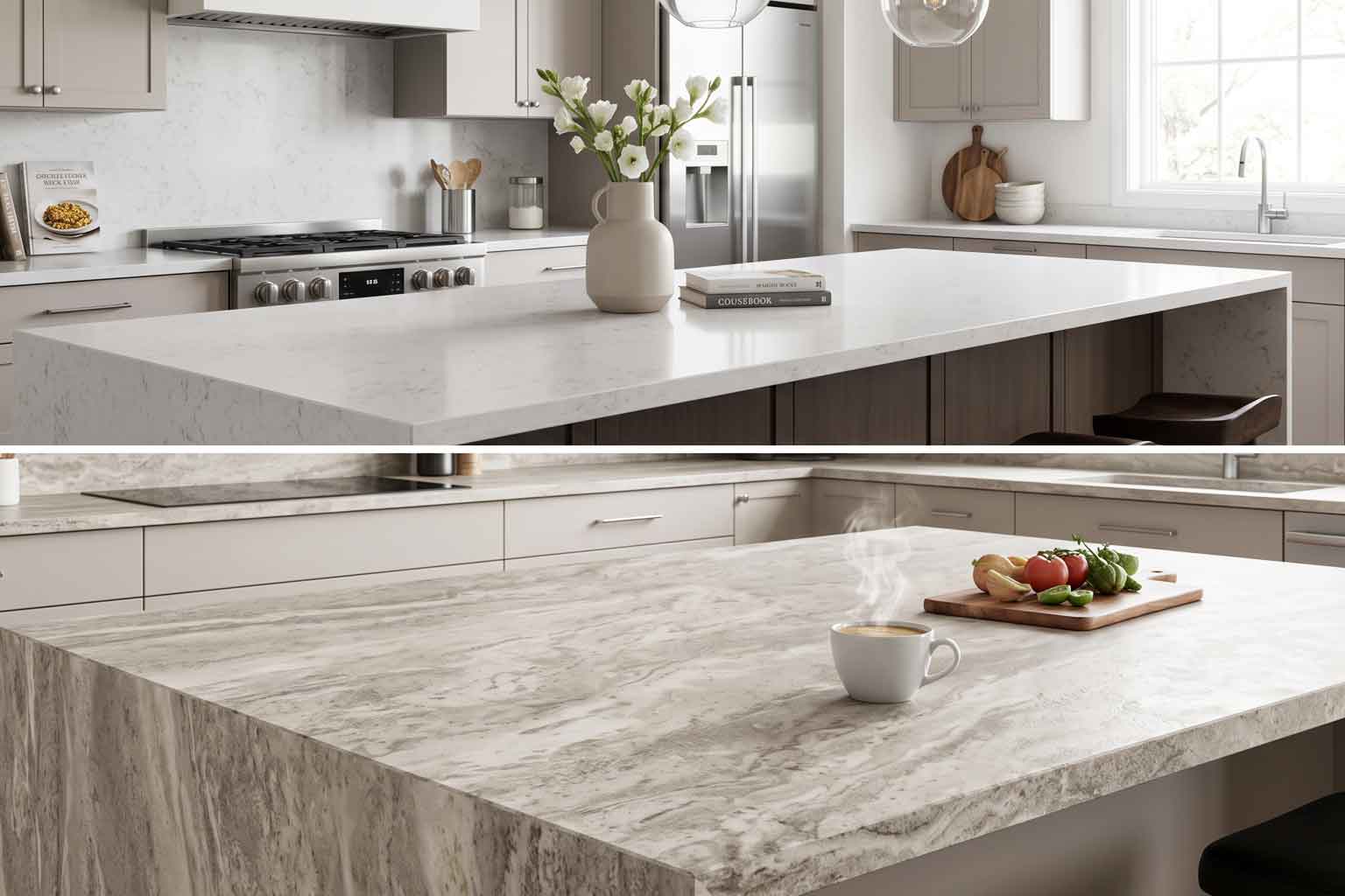 Comparativa de encimeras de cocina: cuarzo arriba versus piedra sinterizada abajo, cuales son tendencia en reformas e interiorismo en Madrid