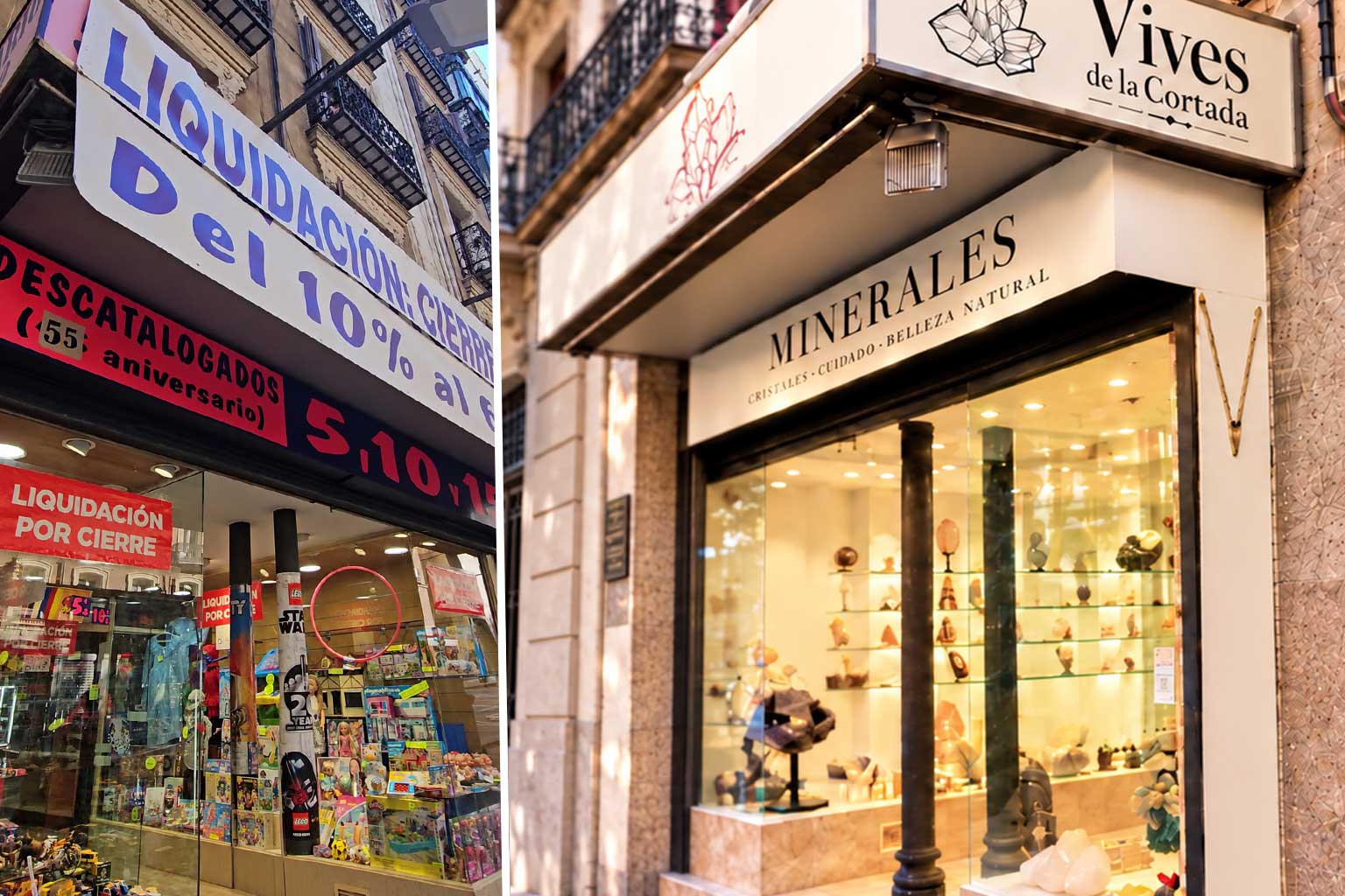 Reforma local calle Atocha | Fachada Imagen del antes y el después de la reforma del local en la calle Atocha, que antes era una juguetería y ahora es una exclusiva tienda de piedras minerales y joyería natural de la cadena Vives de la Cortada.