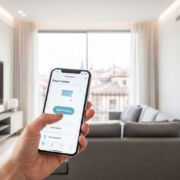integracion-domotica-invisible-madrid Mano controlando persianas inteligentes desde aplicación móvil de vivienda en Madrid con domótica invisible integrada durante la reforma integral.